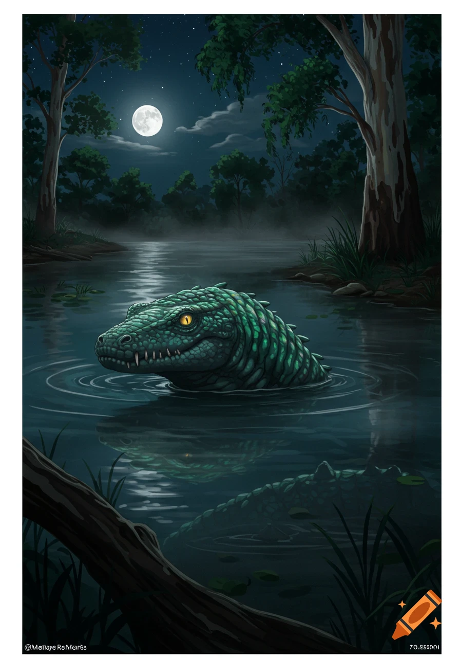 A green, scaly crocodile-like bunyip emerges from dark, misty water in a moonlit swamp at night, surrounded by trees.