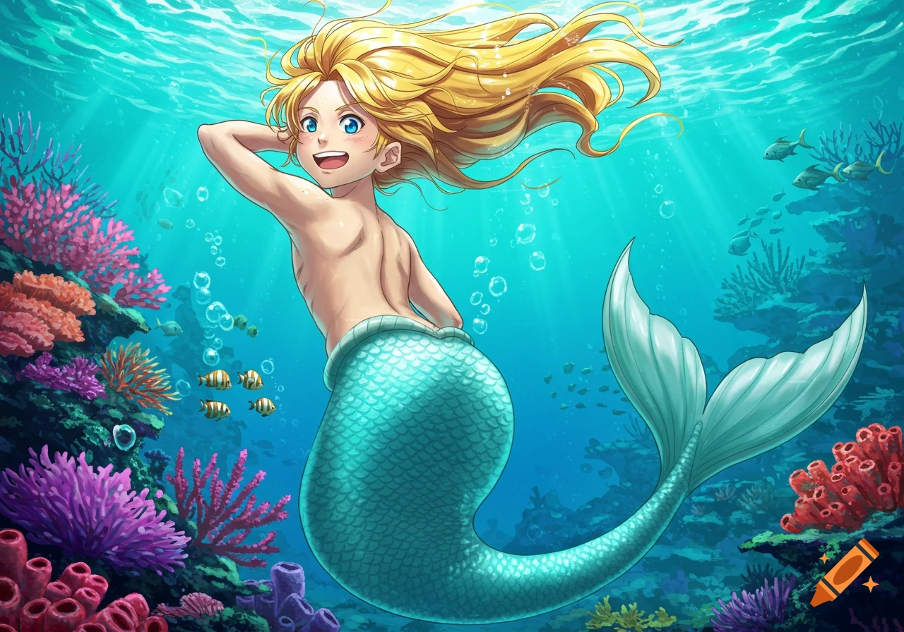 A happy blonde anime merman swims over a vibrant coral reef with fish and light rays underwater.