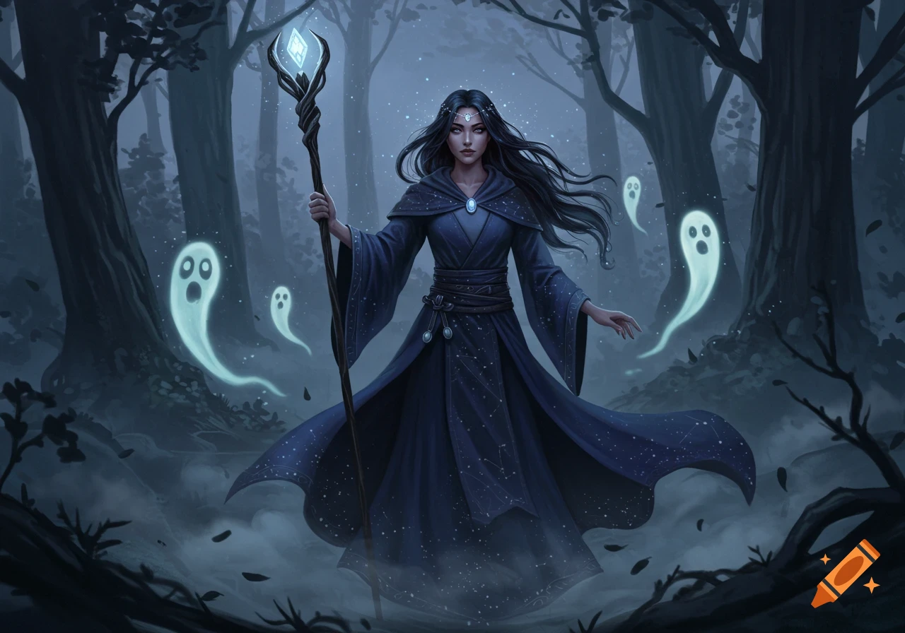 A dark-haired sorceress in a starry blue robe holds a glowing staff in a misty forest with white, floating ghosts. Digital art.