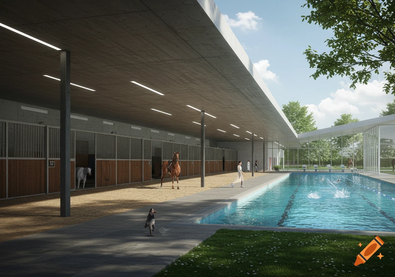 Modern architectural complex featuring a large horse stable with horses, an outdoor swimming pool, and a glass-walled building under a bright sky.