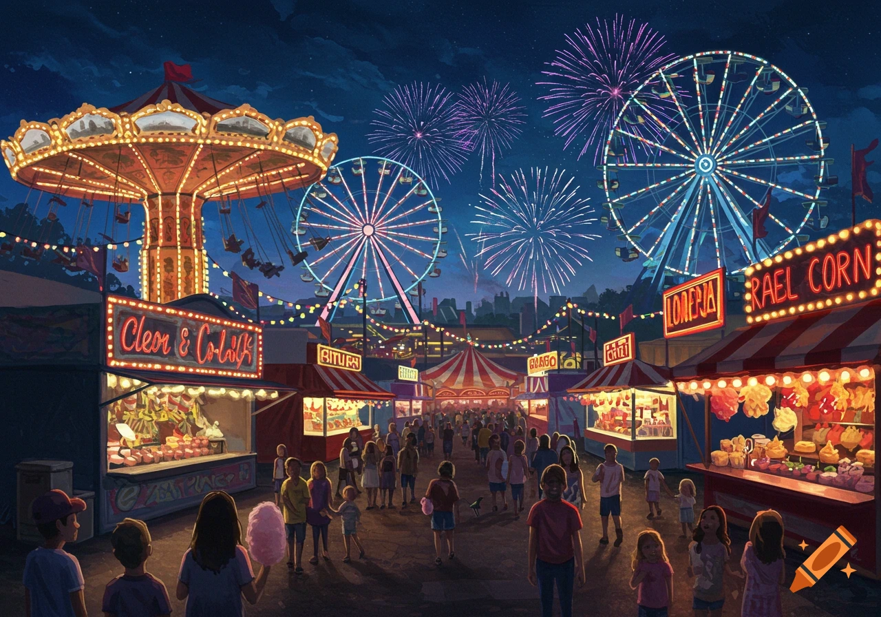 Vibrant amusement park at night with Ferris wheels, a swing ride, food stalls, people, and colorful fireworks.