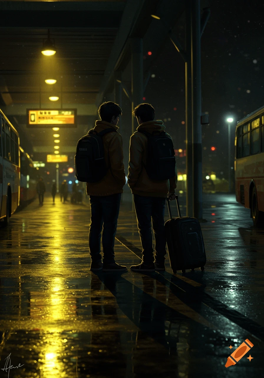 Two friends with backpacks stand from behind at a dimly lit, rainy bus terminal at night, with buses nearby, in an artistic digital painting.