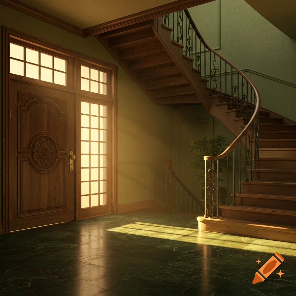 Sunlit grand foyer with an ornate wooden door, tall window, and a curved wooden staircase on a green marble floor.