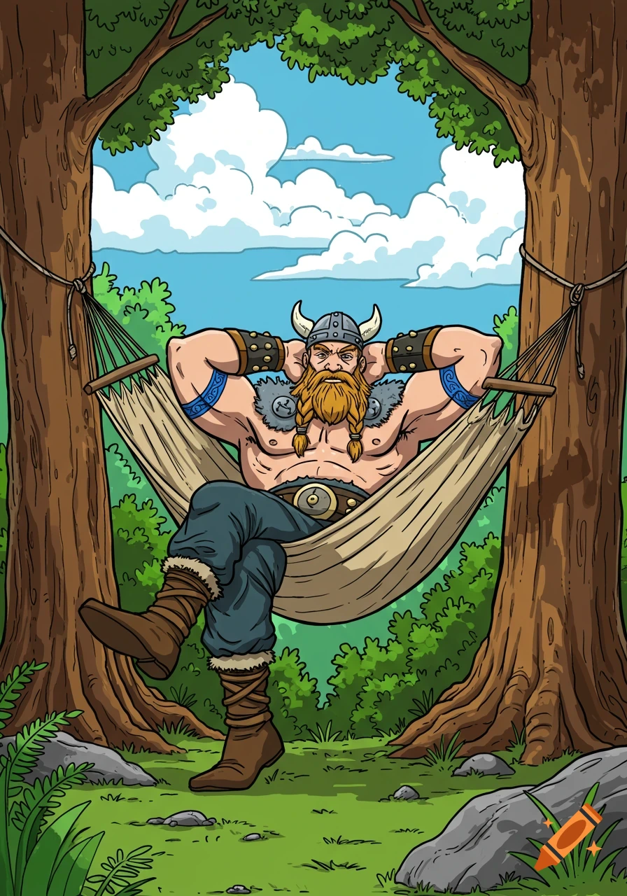 A muscular, bearded Viking in a horned helmet relaxes in a hammock between two trees in a comic book style.