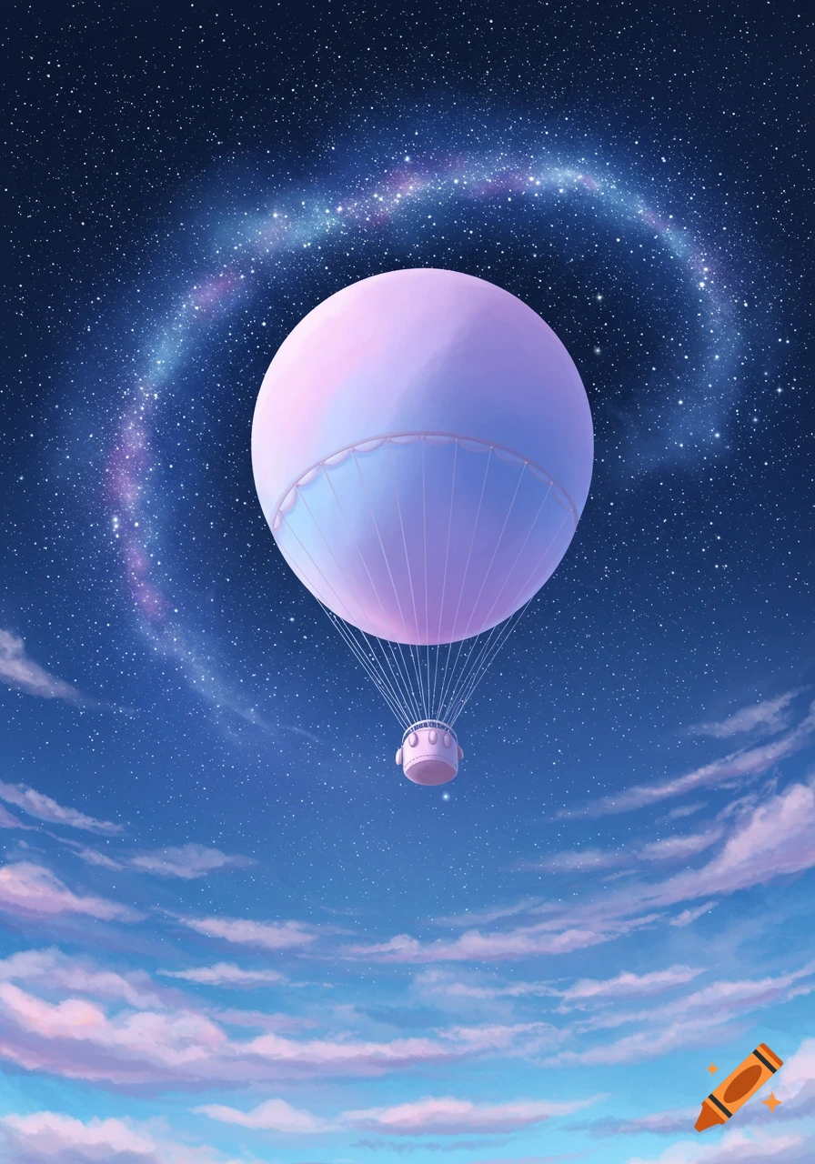 An illustrated light purple hot air balloon floats in a dark blue night sky with swirling stars and pinkish clouds below.