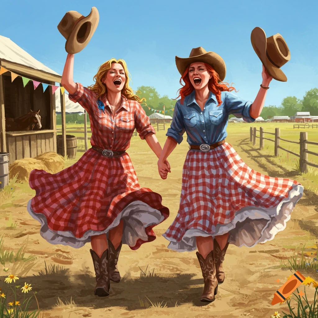Two women in cowboy hats and plaid dresses sing and dance, holding hands on a sunny rural fairground.