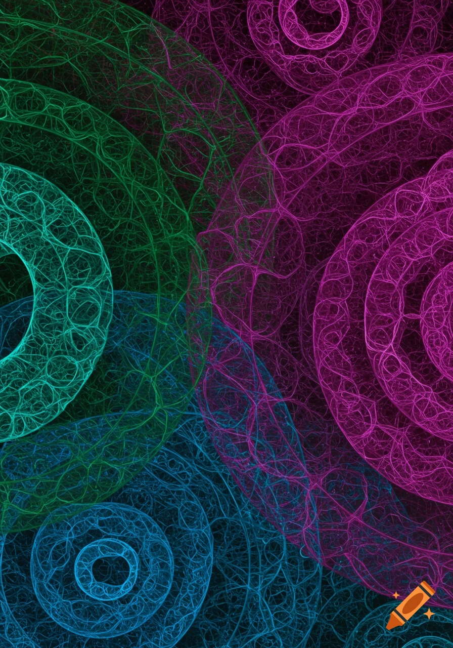 Glowing green, magenta, and blue fractal radial patterns interwoven on a dark background.