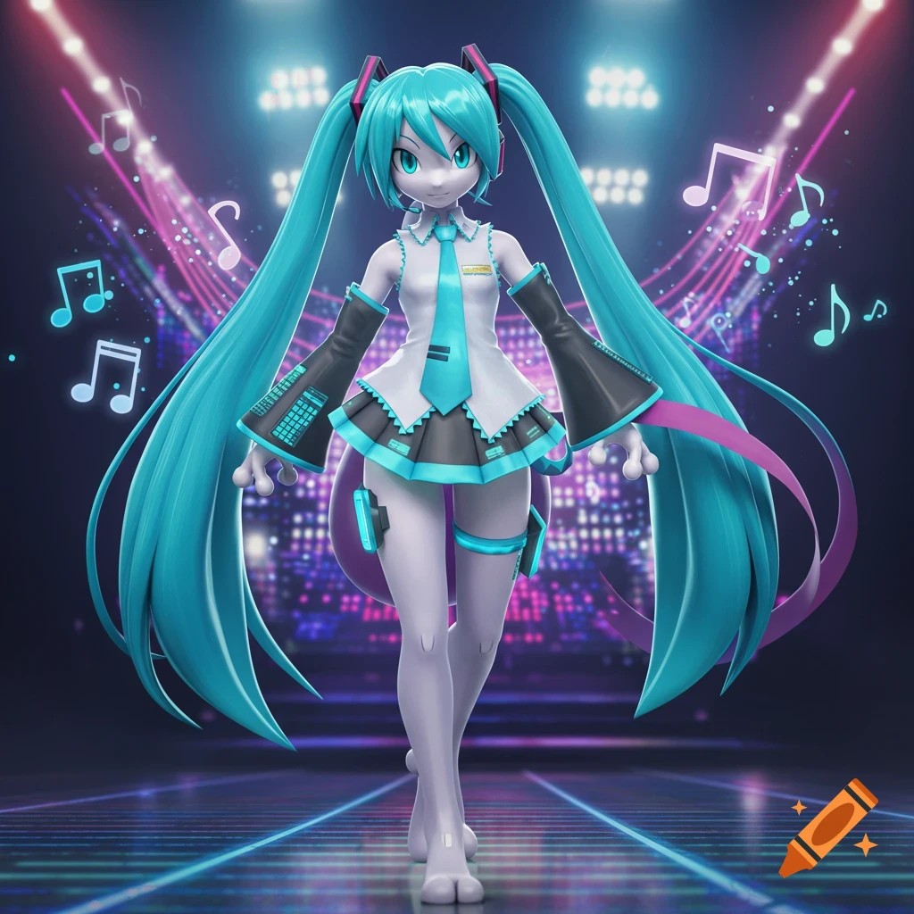 A stylized character resembling a fusion of Mewtwo and Hatsune Miku in Miku's iconic outfit, standing on a stage with glowing blue and pink lights and floating musical notes.