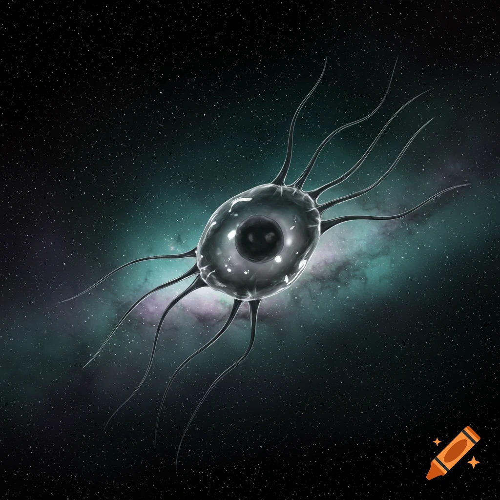 A dark grey, translucent cell with multiple thin appendages floats in a starry outer space, with a teal-tinted galaxy in the background.
