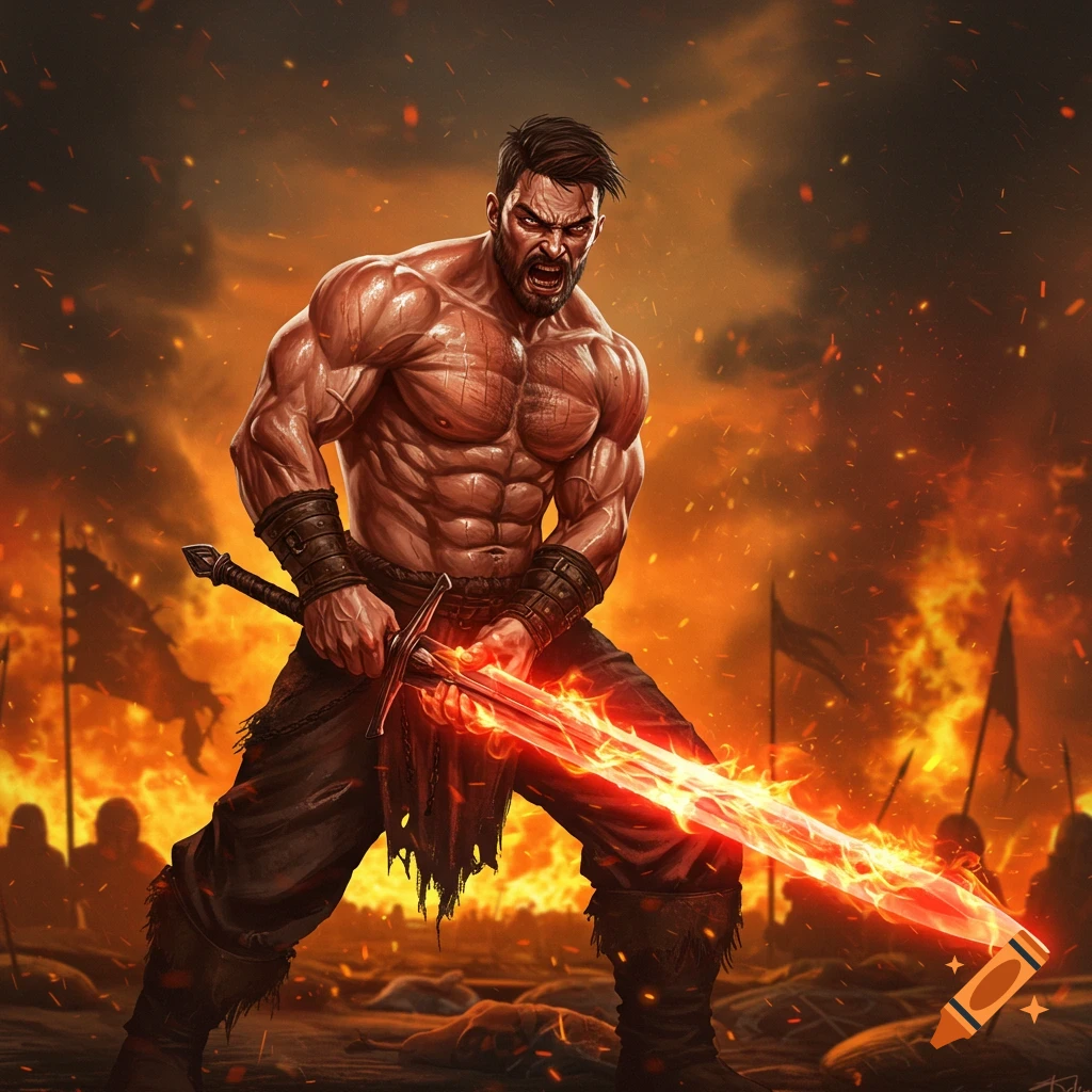 A muscular, shirtless warrior with a beard and angry expression wields a glowing fiery sword on a blazing battlefield.