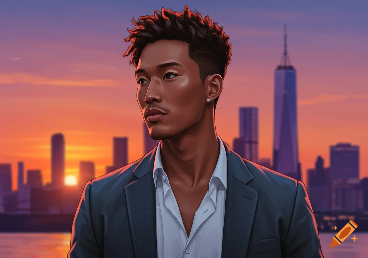 A stylish man with dark, curly hair wearing a suit jacket and open shirt, looking left against a vibrant sunset city skyline. Digital art.