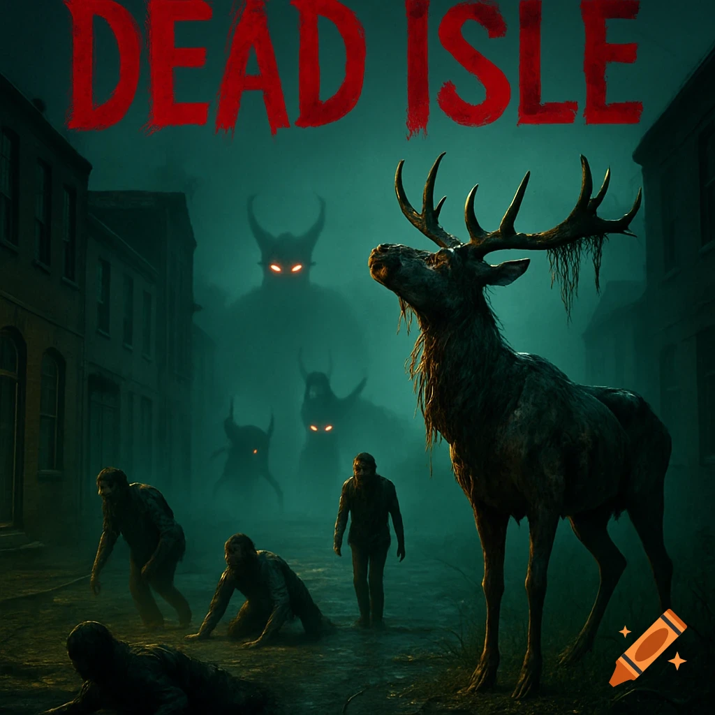 A photorealistic, dark, foggy scene of a decomposing stag and zombies in an abandoned town, with horned demons in the background and 'DEAD ISLE' text.