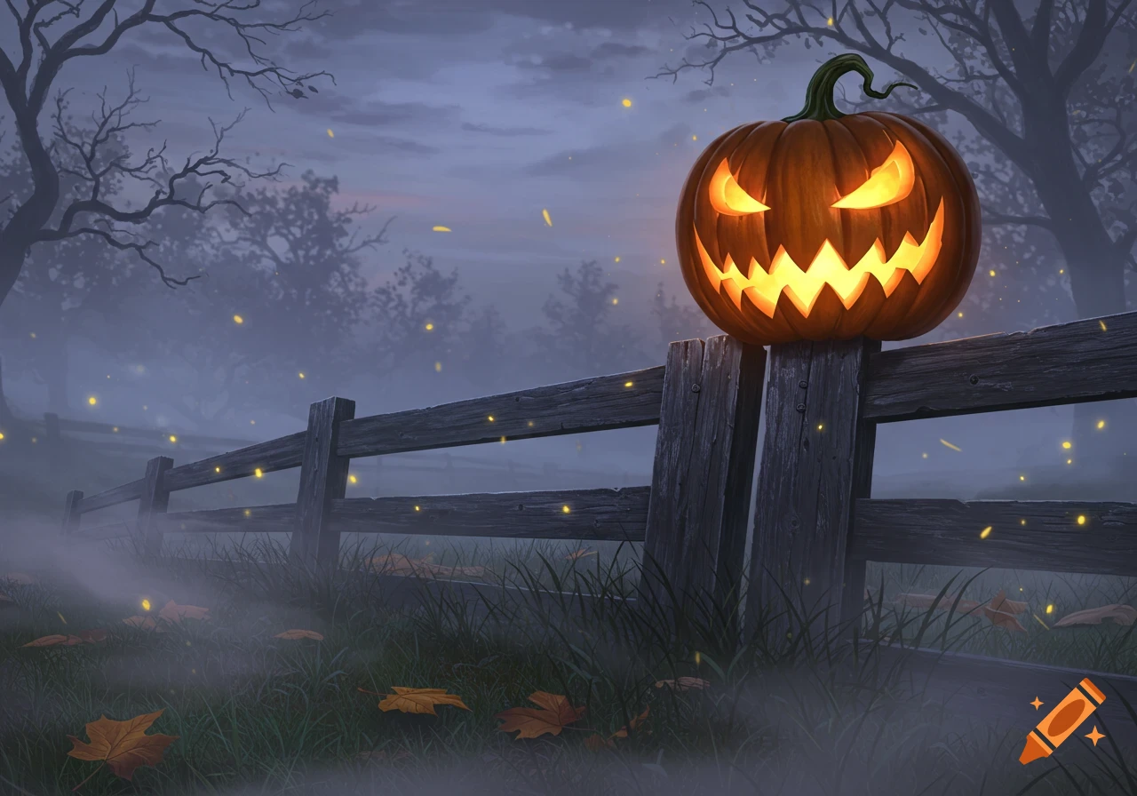 A glowing jack-o'-lantern sits atop a rustic wooden fence in a misty, spooky landscape with bare trees and fireflies.