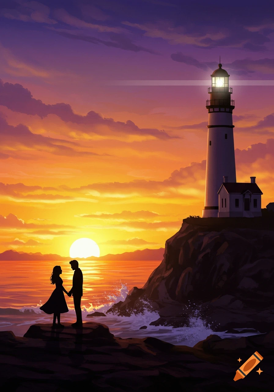 Illustrated silhouette of a couple on a rocky shore with a lighthouse, vibrant orange sunset over the ocean.