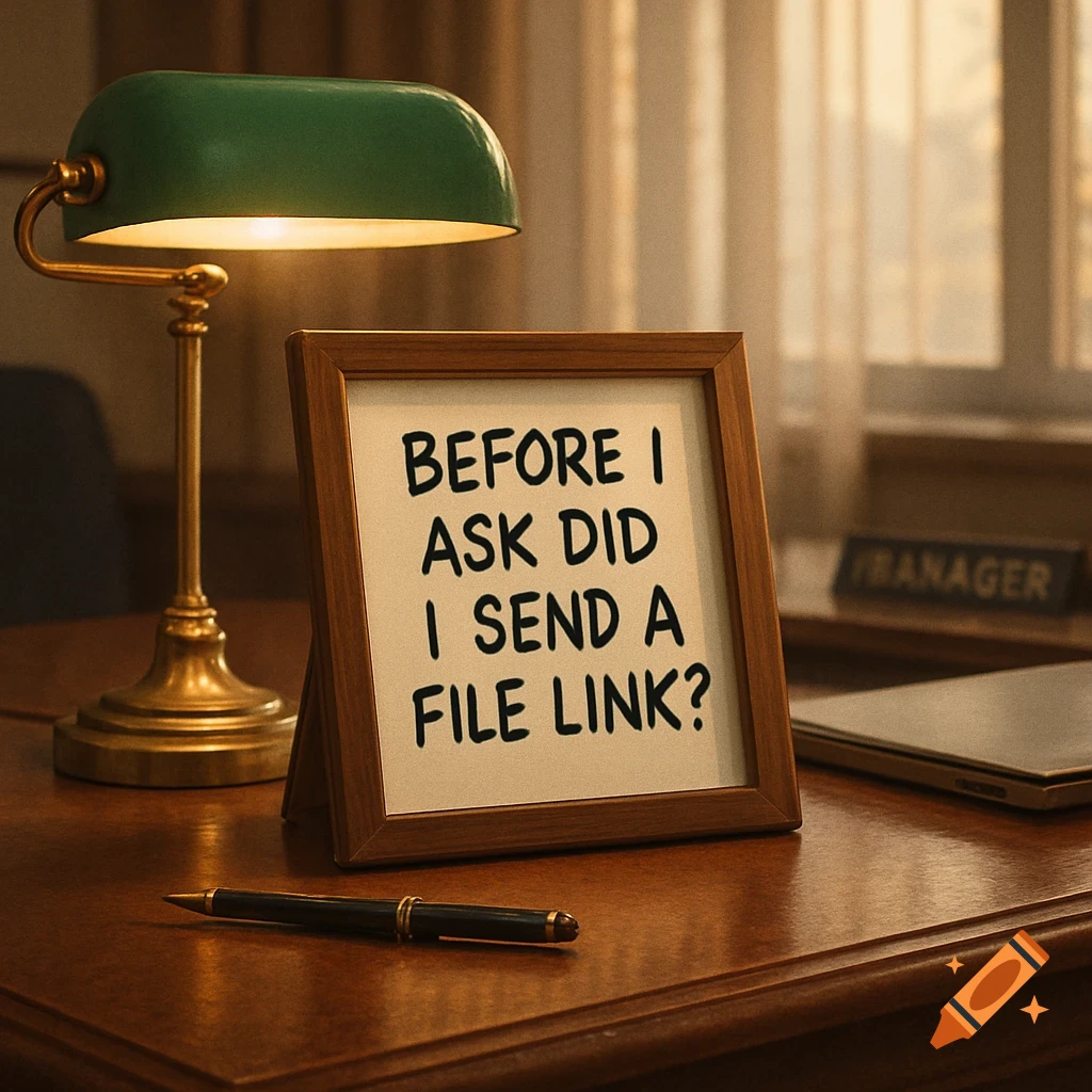 A wooden desk with a green banker's lamp, a pen, and a framed sign reading 'BEFORE I ASK DID I SEND A FILE LINK?'.