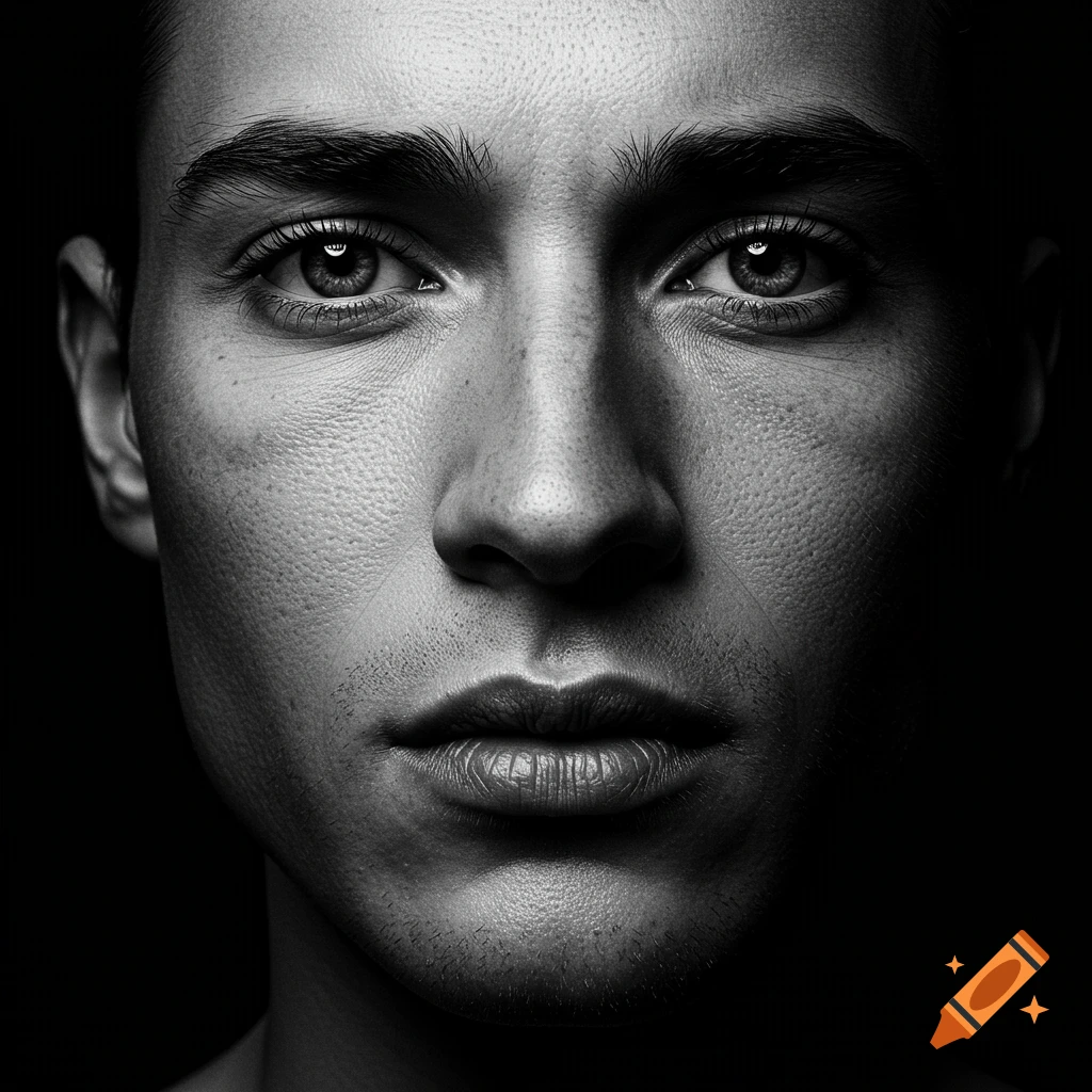 Close-up black and white portrait of a man's face with detailed skin.