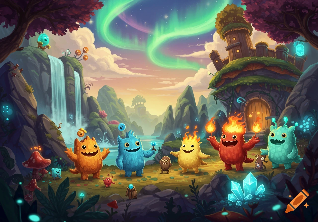 Five colorful cartoon monsters in a vibrant fantasy landscape with a waterfall, mushroom house, and aurora in the sky.