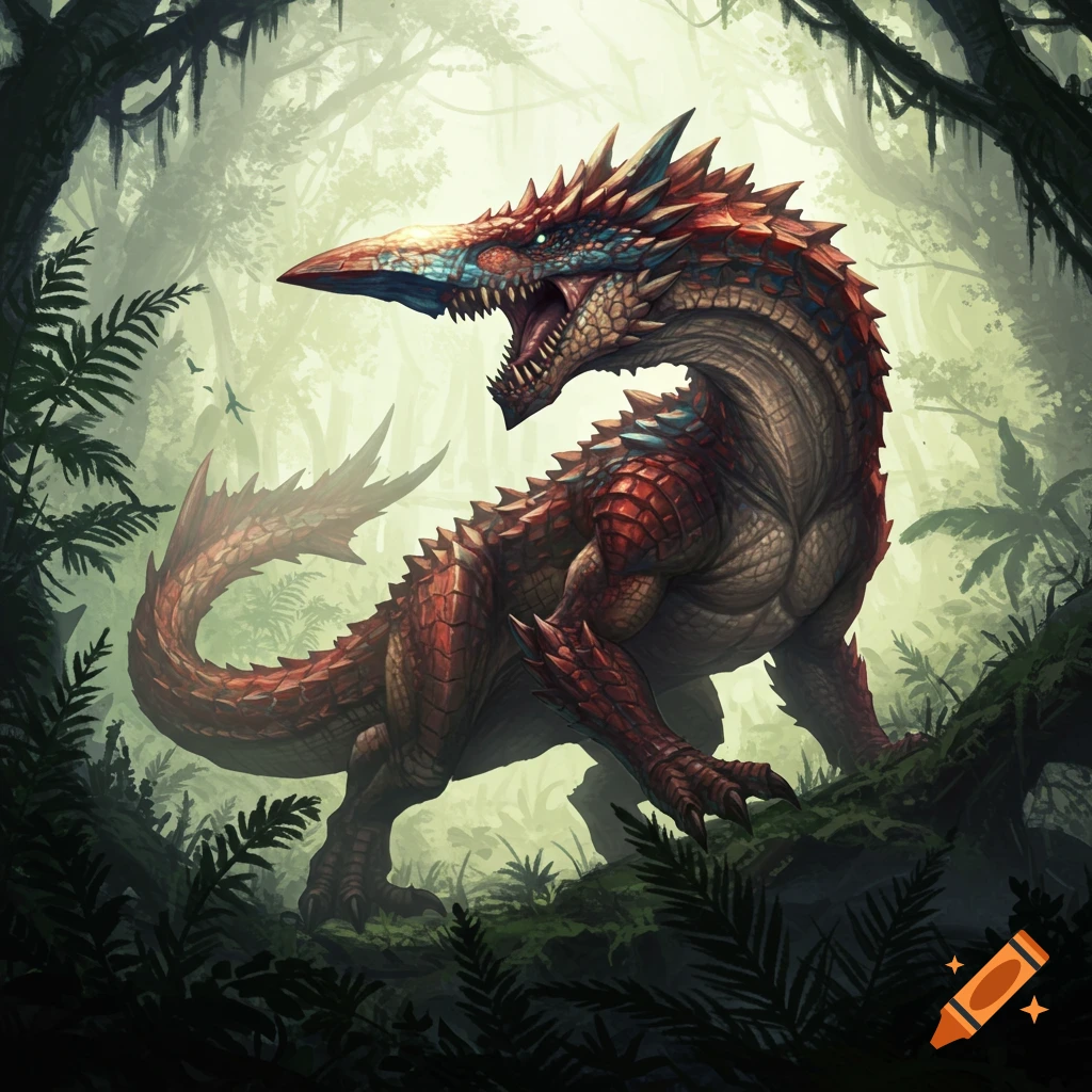 A large, red-scaled monster with a blue beak-like snout and sharp teeth stands in a lush, green jungle.