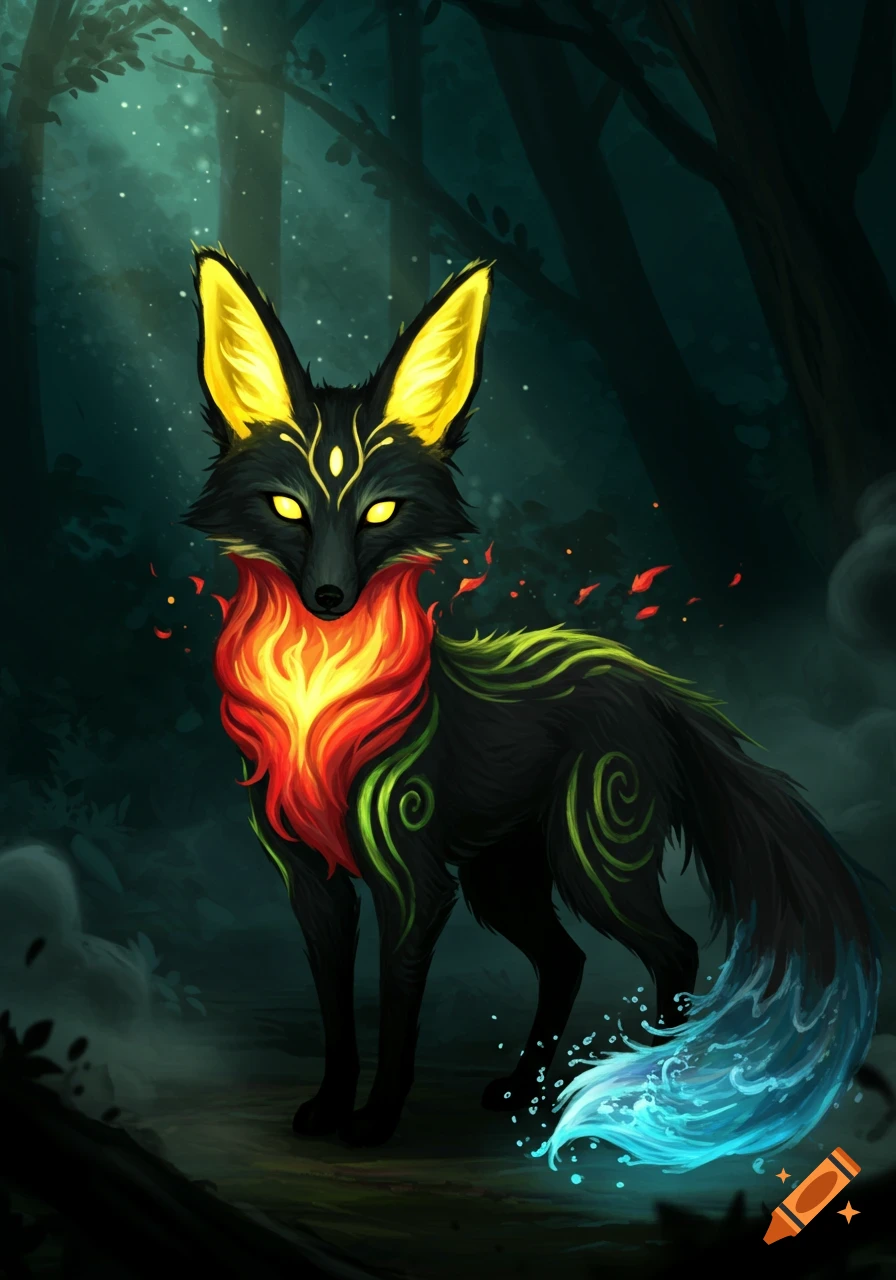 A mystical black elemental fox with glowing yellow eyes and ears, a fiery red chest, green swirling patterns, and a blue watery tail stands in a dark forest.