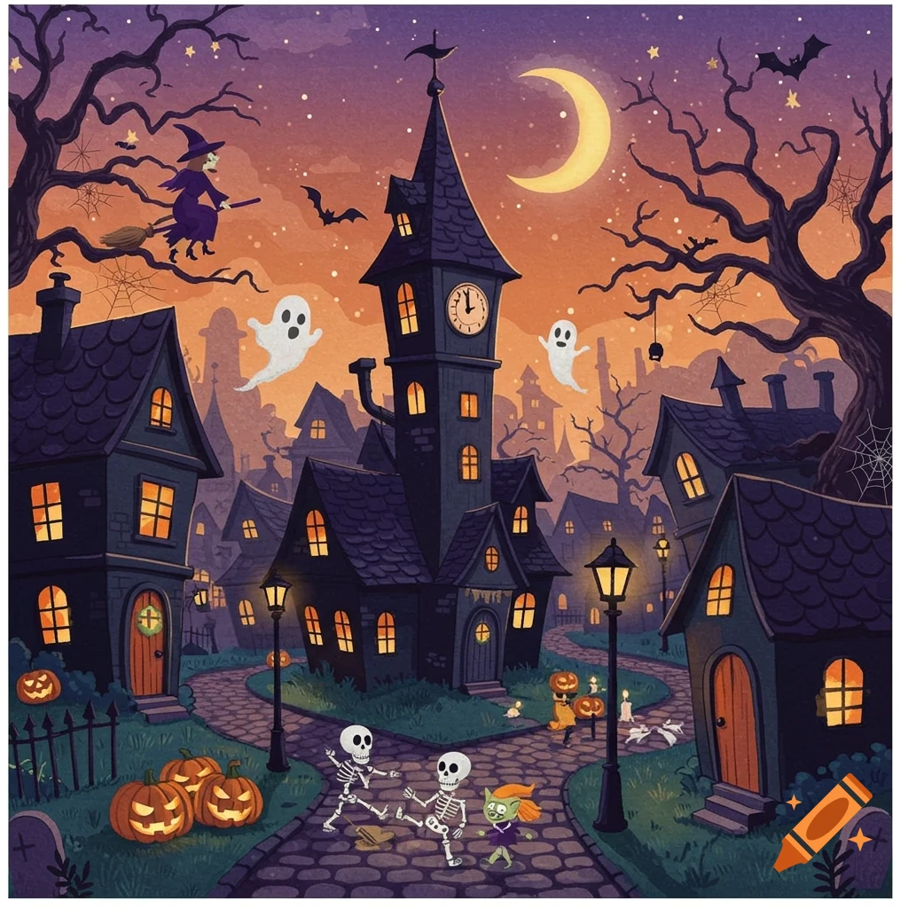 Cartoon art of a spooky Halloween town at night with a witch, ghosts, dancing skeletons, and jack-o'-lanterns under a crescent moon.