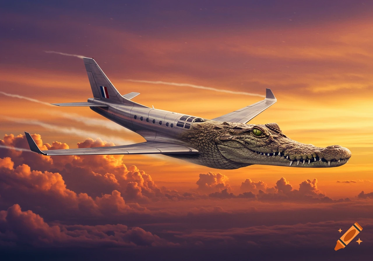 A photorealistic airplane with a crocodile head flying through a vibrant sunset sky filled with orange and purple clouds.