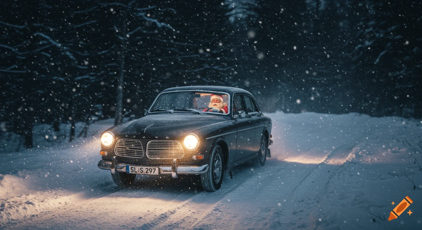 Santa Claus drives a vintage dark car on a snowy road at night, illuminated by headlights and falling snow.