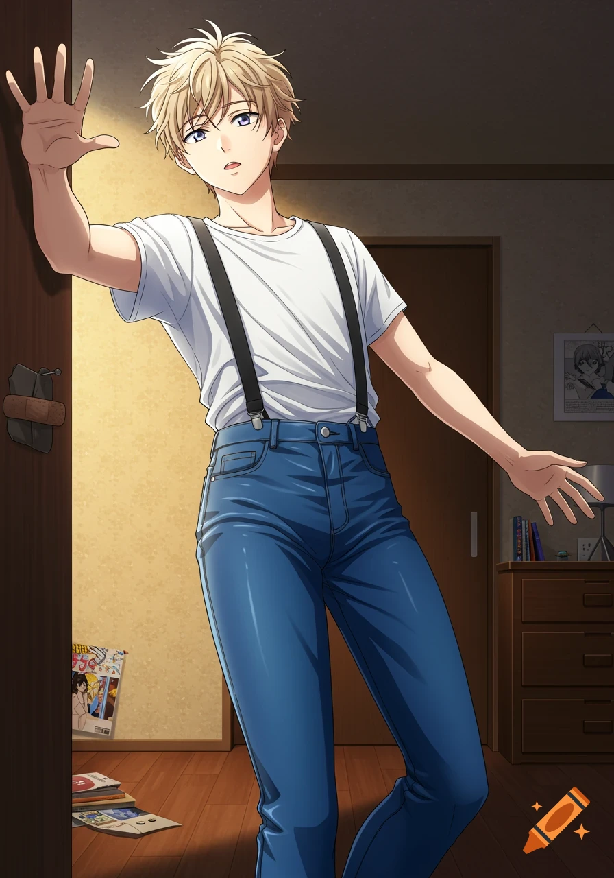 Anime-style young man with blond hair wearing a white t-shirt, blue jeans, and black suspenders, reaching towards a door in a dimly lit room.