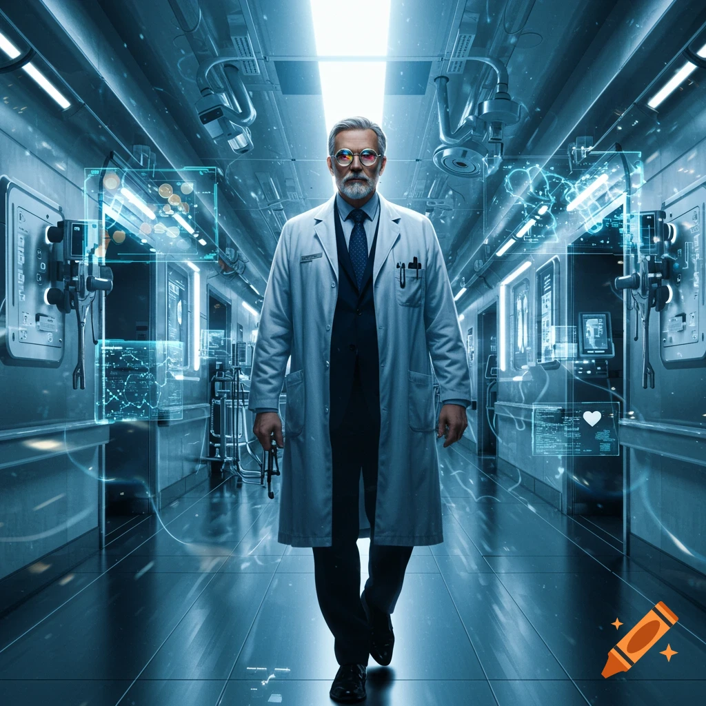 A distinguished male doctor in a lab coat and glasses walks down a futuristic, blue-lit corridor with glowing holographic displays.