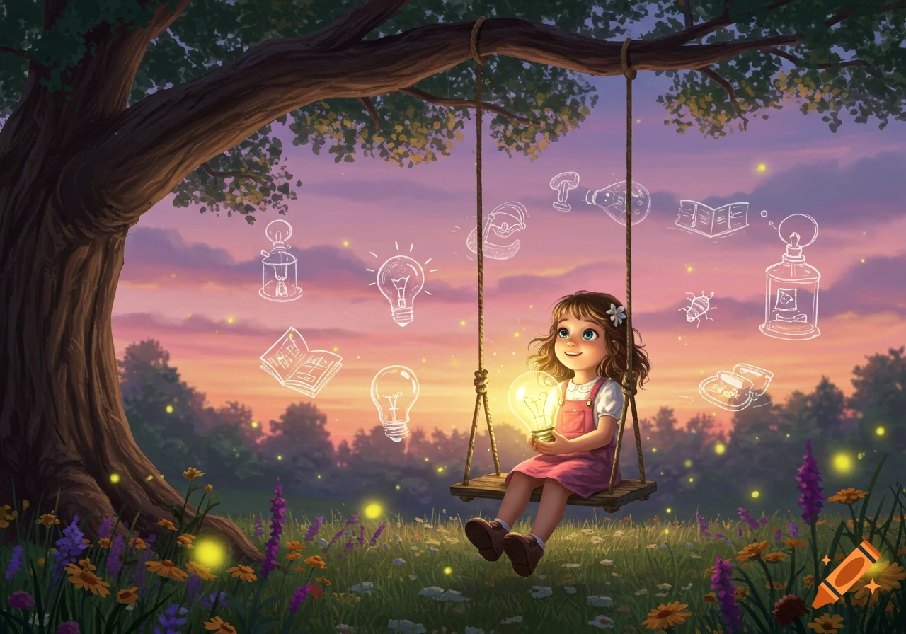 A little girl on a swing holds a glowing lightbulb, surrounded by floating doodles of ideas in a vibrant field at sunset.