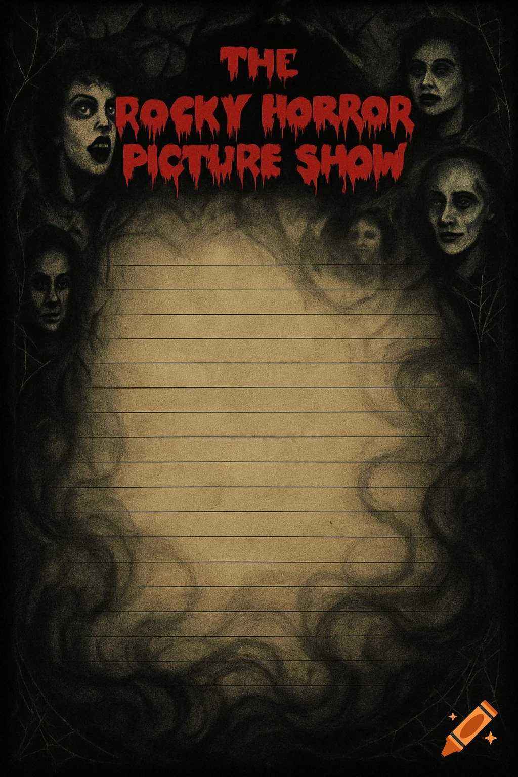 Dark, vintage-style writing paper featuring 'The Rocky Horror Picture Show' title with stylized spooky faces and spiderwebs.