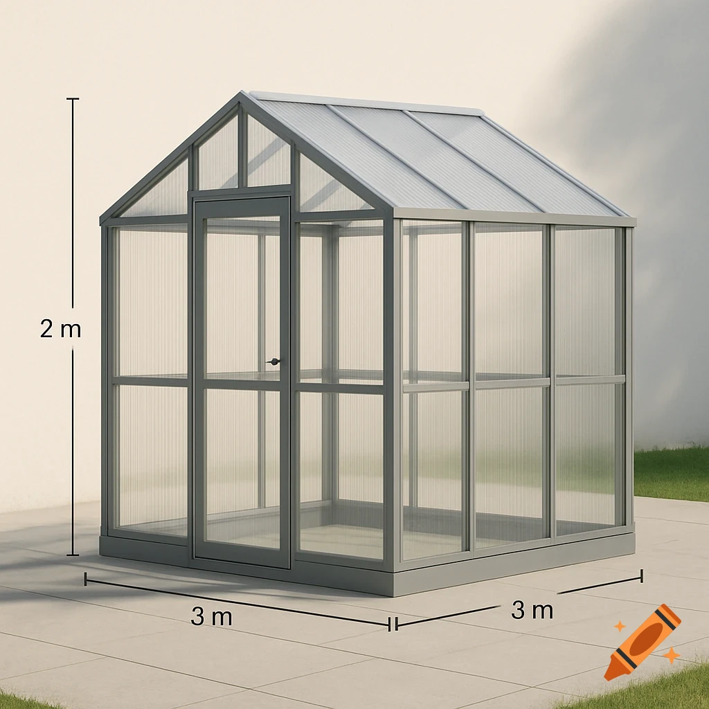 Photorealistic rendering of a gray-framed greenhouse with polycarbonate panels, measuring 2m high and 3x3m at the base.
