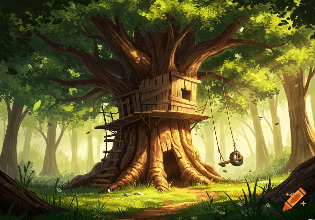 A vibrant, stylized illustration of a huge ancient tree with a wooden treehouse and tire swing in a sunlit green forest.