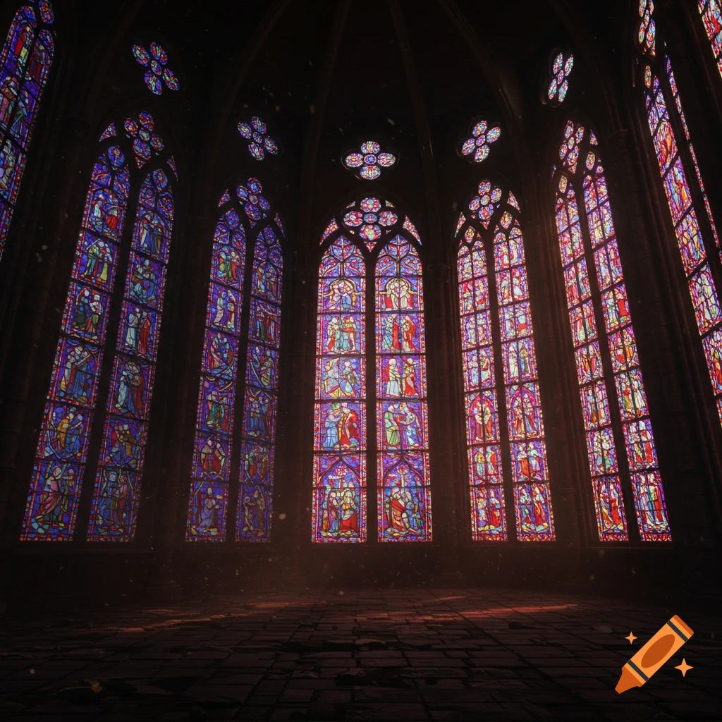 Interior view of a gothic church with large, colorful stained glass windows casting light on a dark stone floor.