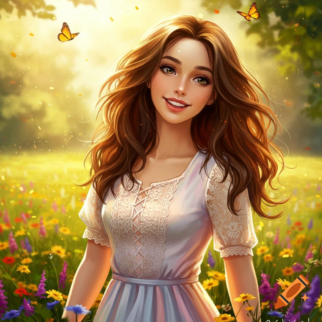 A beautiful young woman with long brown hair, smiling in a sunlit field of colorful wildflowers with butterflies, digital art style.