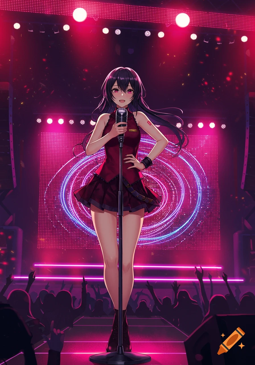 An anime singer with long black hair and a red dress performs on a brightly lit stage with a microphone, in front of a cheering crowd.