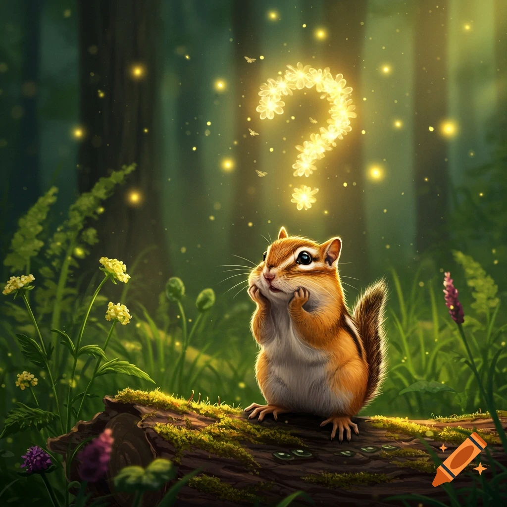 A confused chipmunk sits on a mossy log in a magical forest, looking up at a glowing question mark made of flowers.