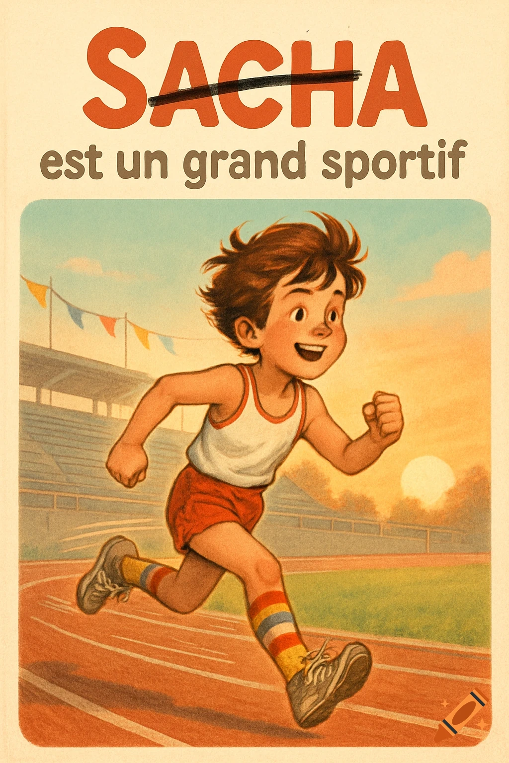 A smiling boy in a 70s illustration style runs on an athletic track under a sunset sky, a book cover reads "SACHA est un grand sportif".