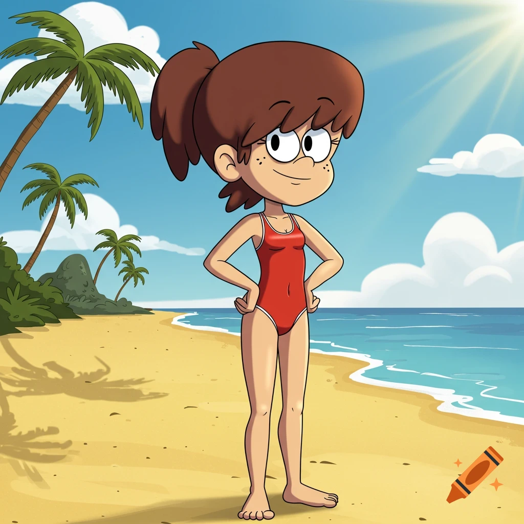 Cartoon character Lynn Loud stands on a sunny beach in a red swimsuit, with palm trees and the ocean in the background.