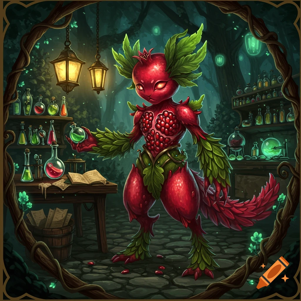 A stylized pomegranate creature with green leaves holds a glowing green flask in a dark, magical forest alchemy lab.