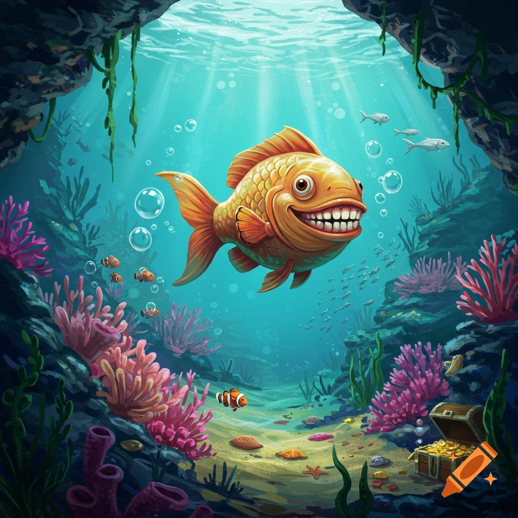 A large, smiling golden fish with human-like teeth swims in a vibrant, illustrated underwater scene with coral, small fish, and a treasure chest.