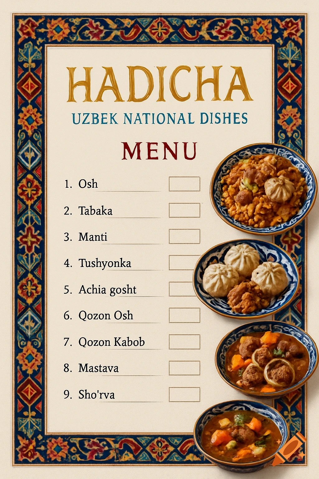 An elegant menu page for Hadicha Uzbek National Dishes, featuring a border with Central Asian patterns. It lists nine dishes, each with a small photo and a blank box for price. The dishes include Osh, Manti, and Sho'rva.