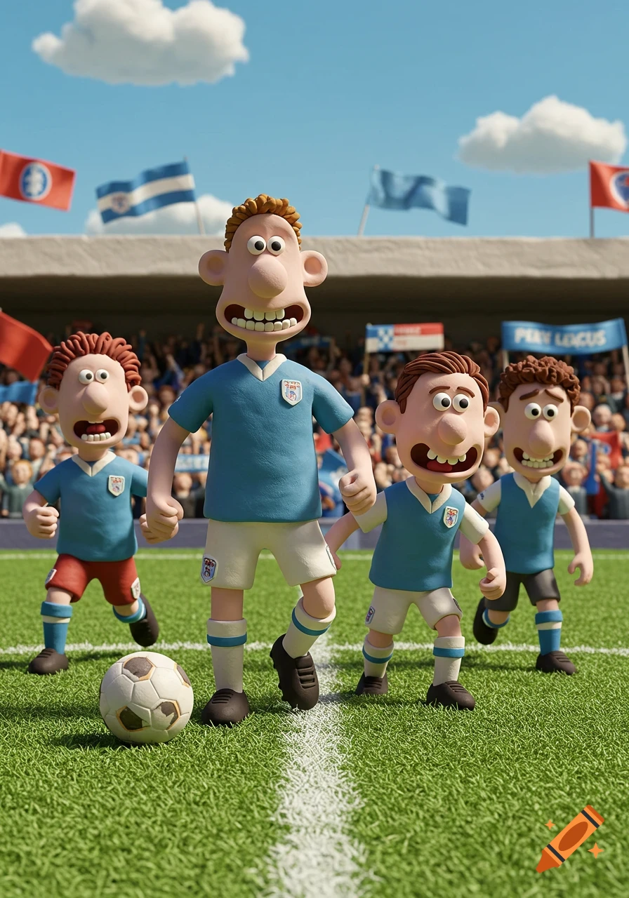 Claymation soccer players in light blue uniforms on a green field in a stadium, with a soccer ball and banners.