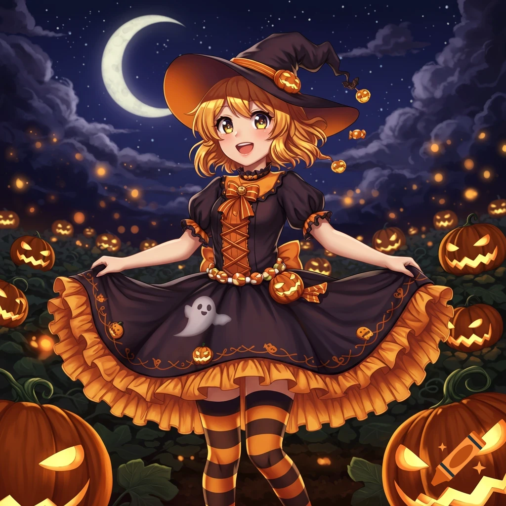A cheerful anime witch girl poses in a pumpkin patch at night under a crescent moon, wearing an orange and black dress.