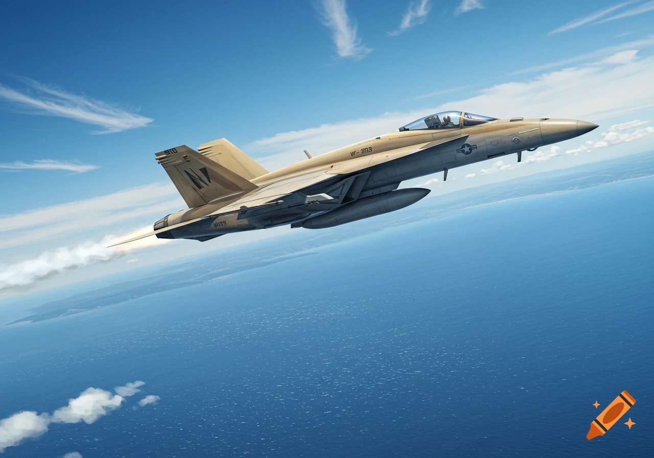 A photorealistic F/A-18 Super Hornet fighter jet flies over a vast blue ocean under a clear blue sky with wispy clouds.