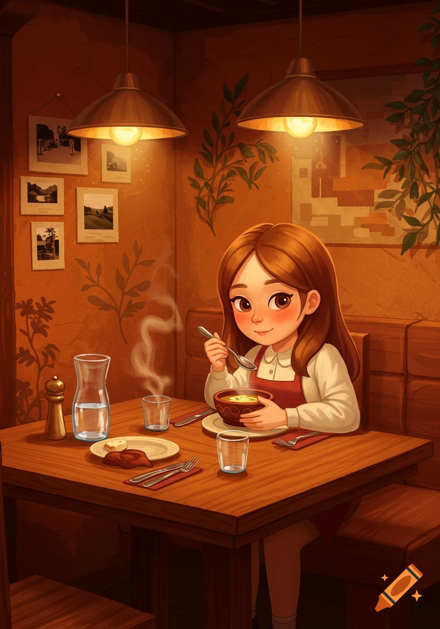 A cartoon girl with long brown hair, wearing a white shirt and red apron, smiles while eating soup at a wooden table in a cozy restaurant.