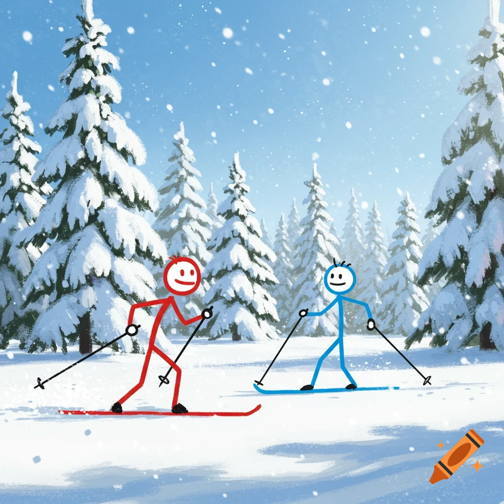 Two red and blue stick figures skiing in a snowy forest with falling snow.