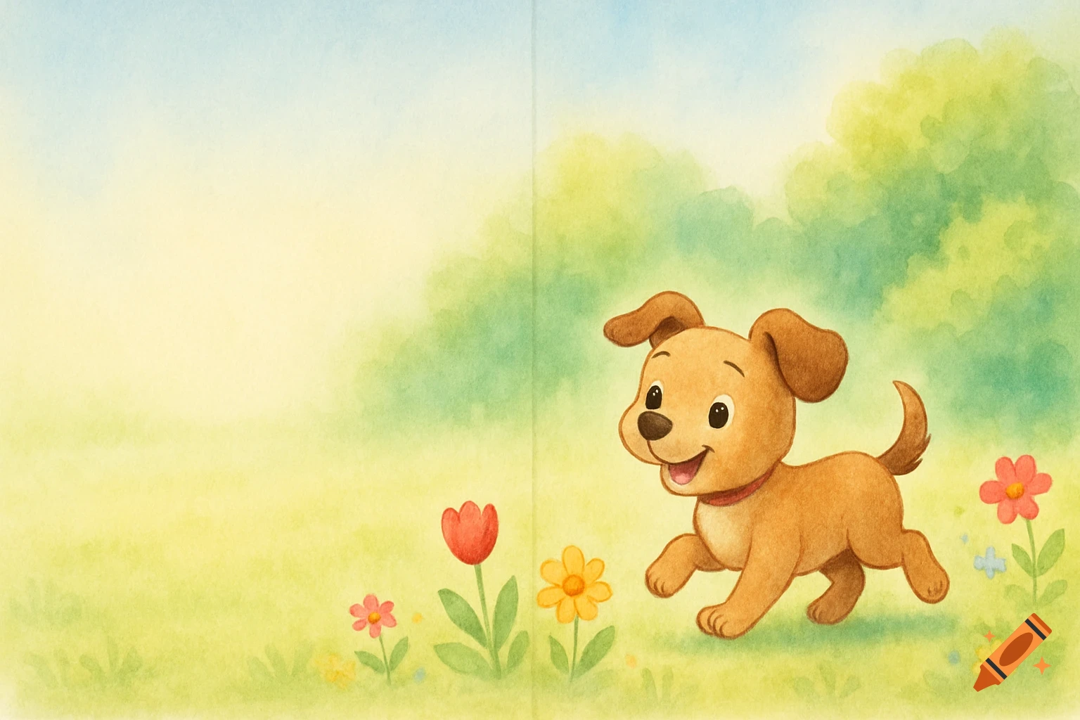 A happy brown cartoon dog runs through a grassy field with colorful flowers under a soft blue and yellow sky, in a watercolor style.