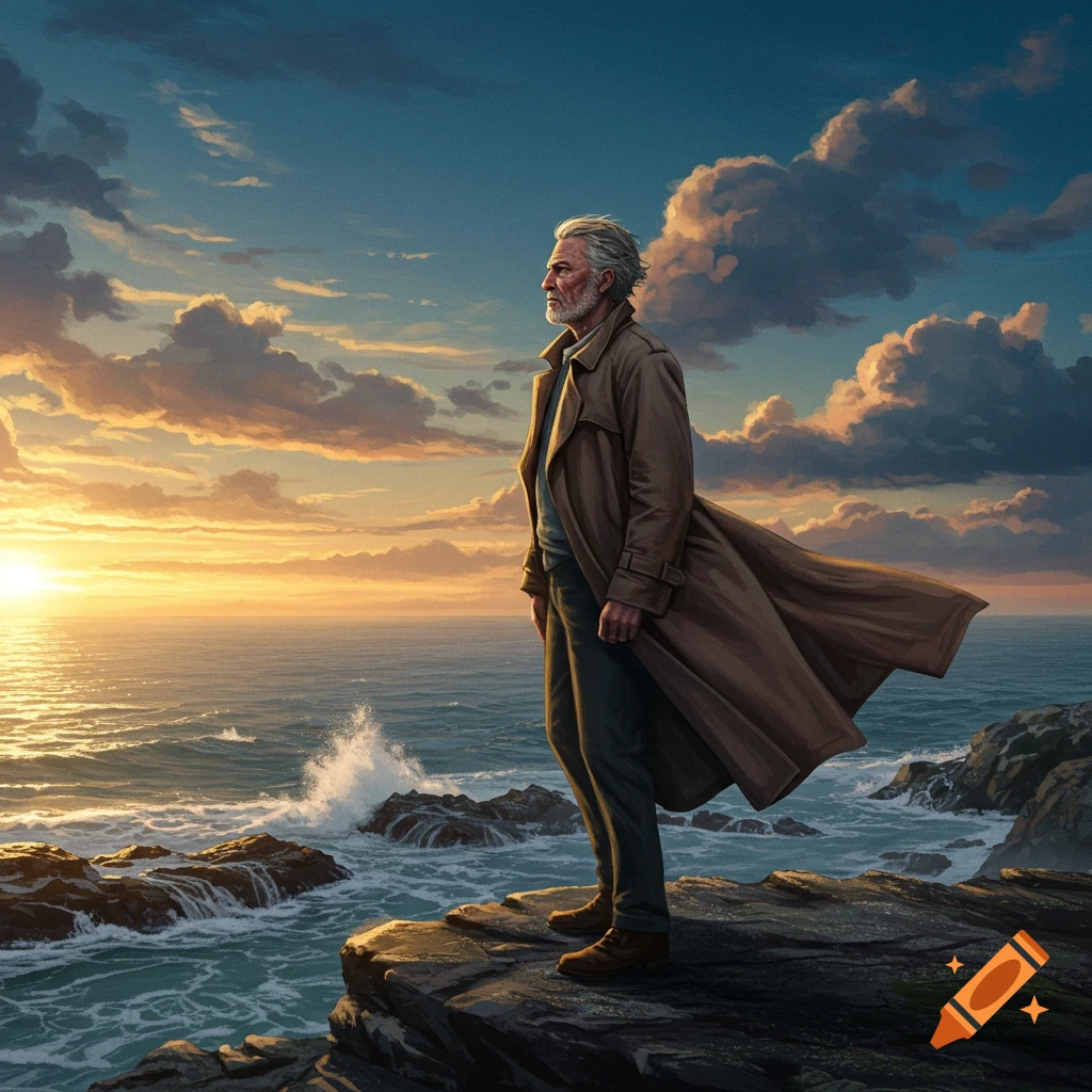 An older man in a trench coat stands on a cliff overlooking a stormy ocean at sunset, his coat blowing in the wind.