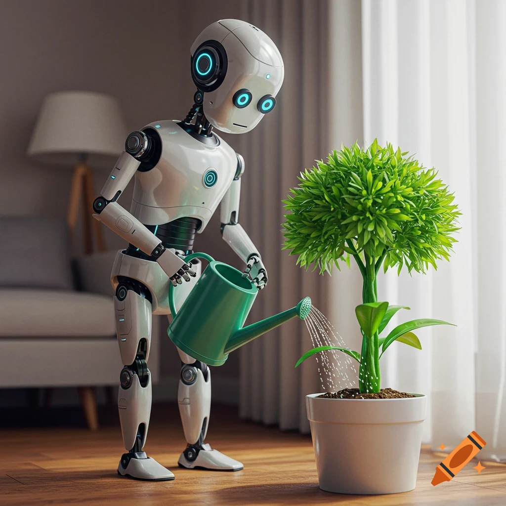 A white robot with glowing blue accents waters a vibrant green potted plant with a green watering can on a wooden floor.