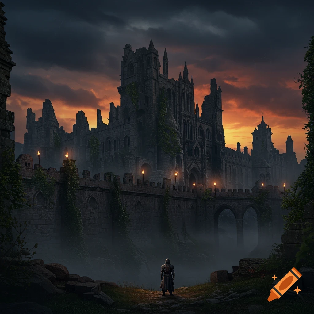 A lone knight stands before a massive, ruined medieval castle at dusk with torches lit along the walls, shrouded in mist.
